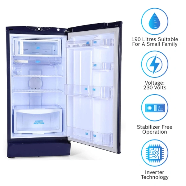 Godrej  Godrej 190 L 3 Star Inverter Direct-Cool Single Door Refrigerator with Jumbo Vegetable Tray (RD 1903 EWHI 33 STL BL, Steel Blue, Inverter Compressor) - 190 Litres, Blue